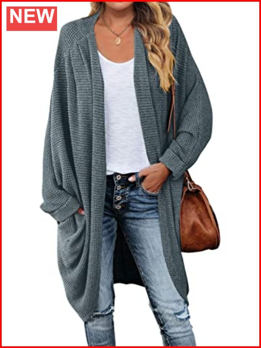 Oversized Waffle Knit Dolman Sleeve Cardigan Sweater